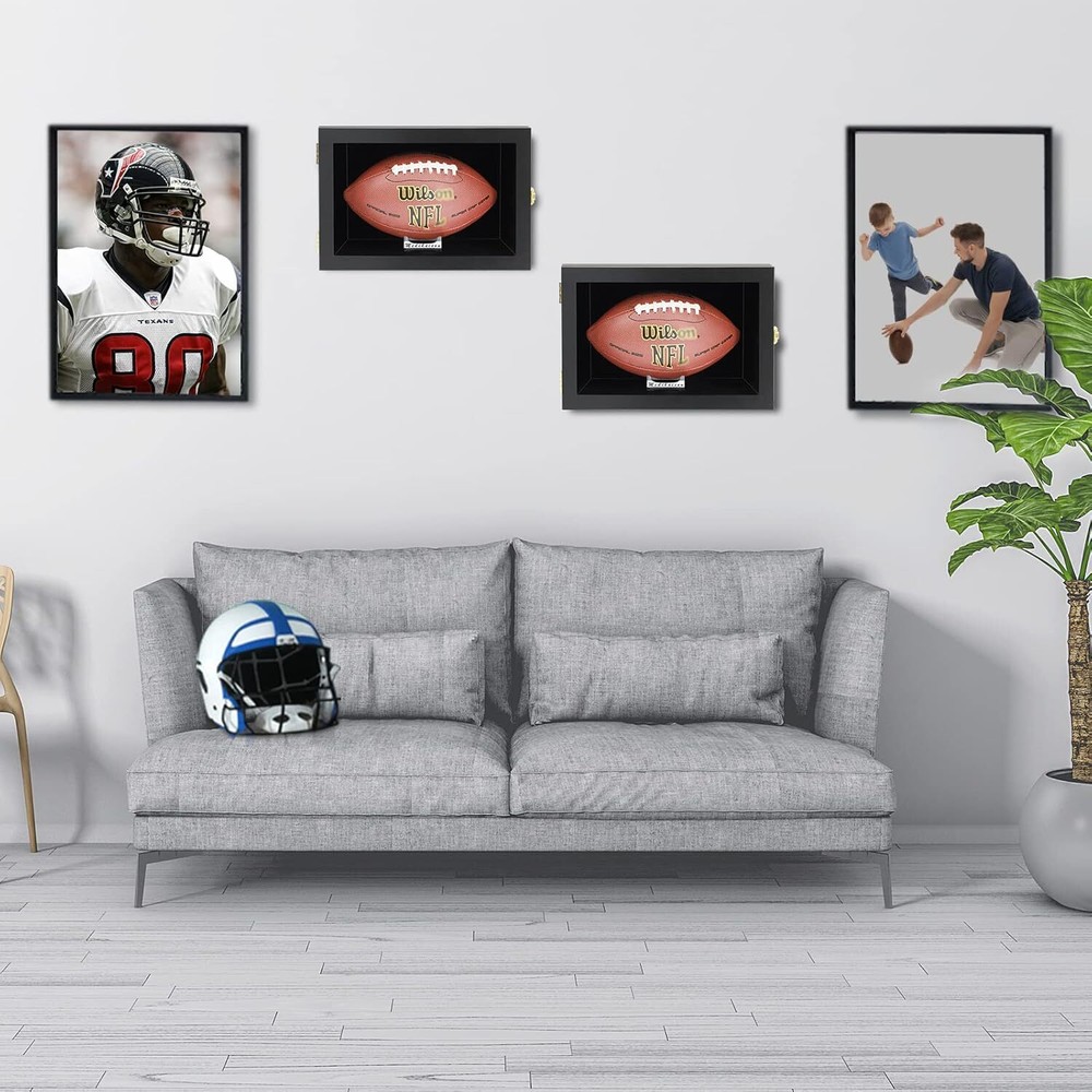Football Display Case Wall Mount Lockable Clear View Single Ball Black, Black