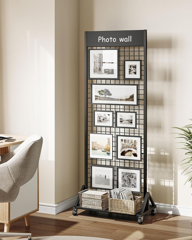 Floor Standing Grid Wall Display Rack with Hooks - Black 2' x 5.7