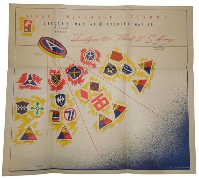 WWII RARE Final Periodic Report 1945 Third 3rd US Army Divisions War Map