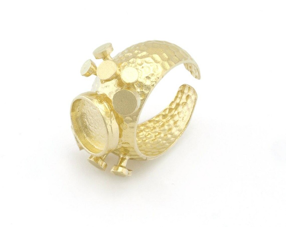 Disc Hammered Ring Adjustable Bezel Raw Brass,Shiny Silver-gold 7-9US size 4782