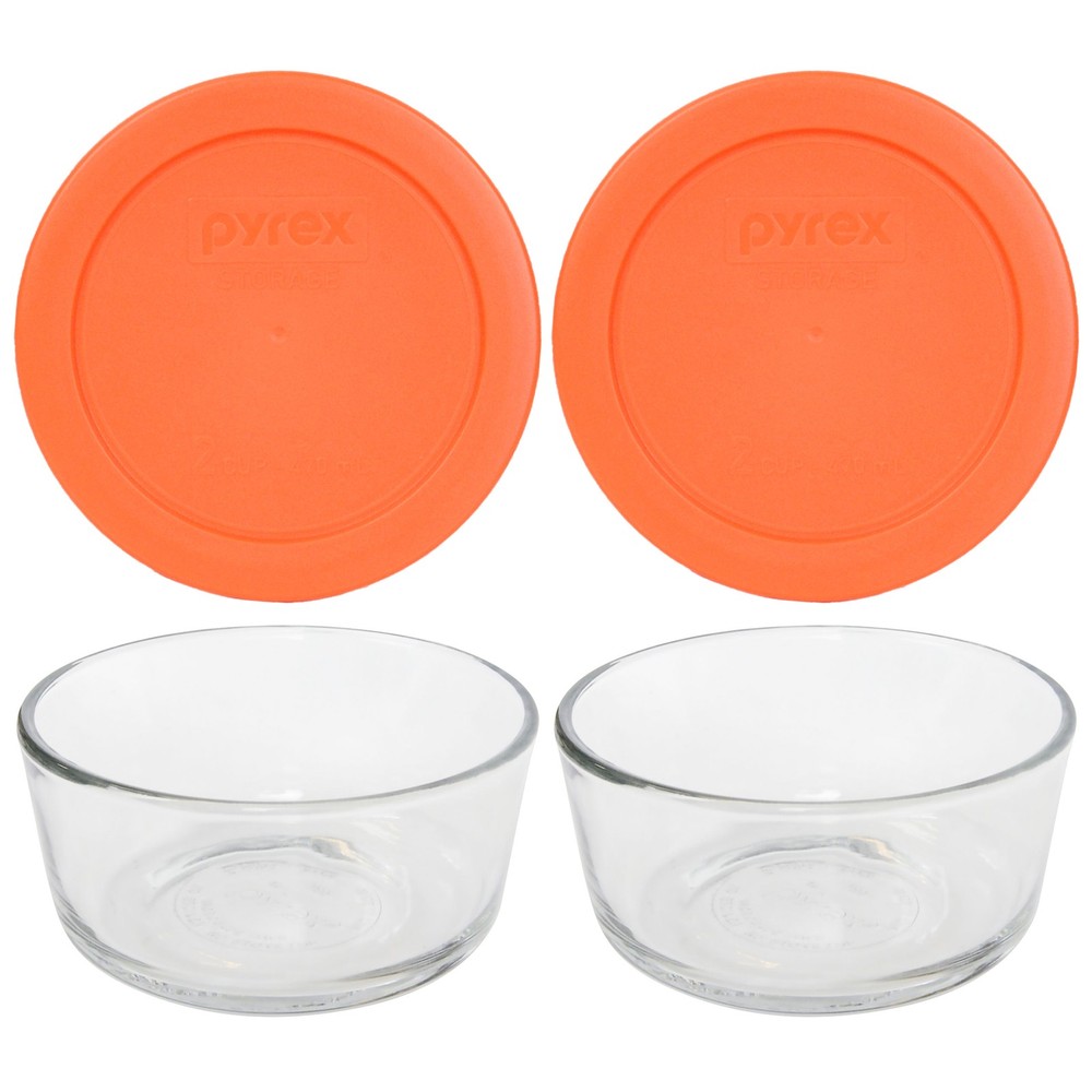 Pyrex (2) 7200 2 Cup Glass Bowls & (2) 7200-PC Orange Lids