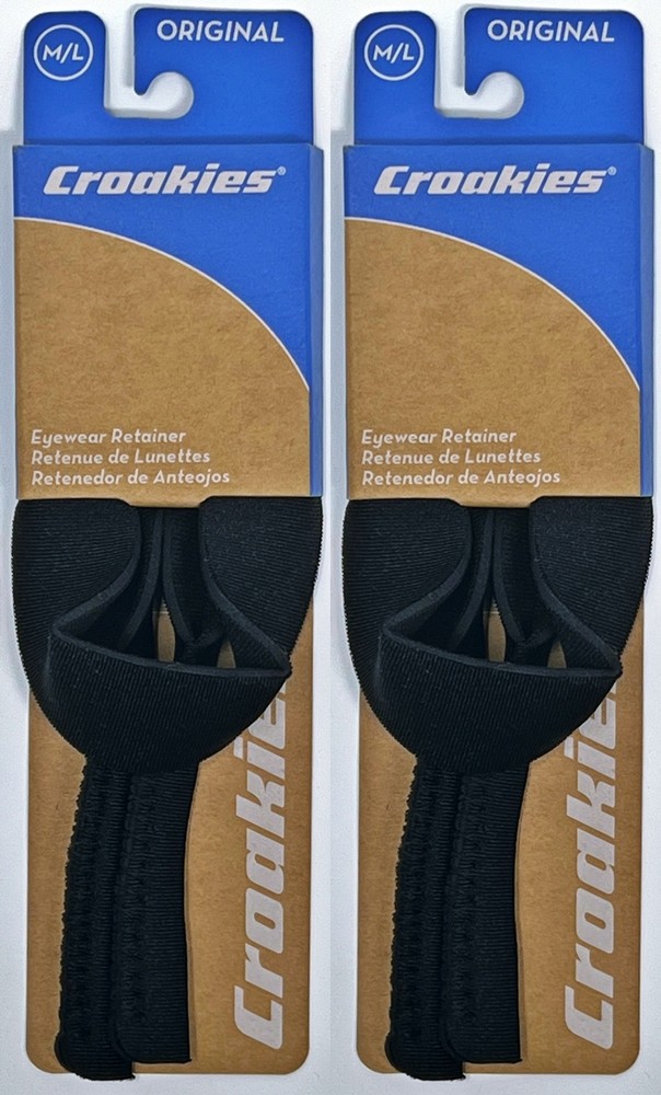 Croakies Original Solid Eyewear Retainer, M/L 11-17mm - Black (2-Pack)