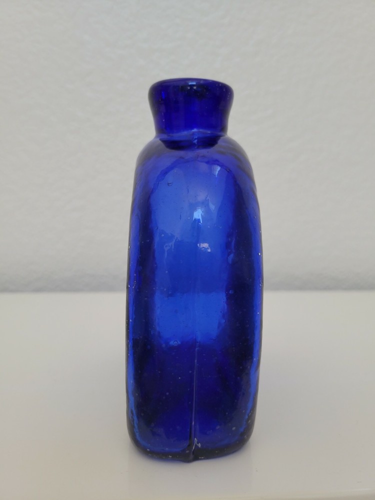 COBALT BLUE BLENKO HANDBLOWN GLASS RECTANGULAR BOTTLE 5.25 INCHES