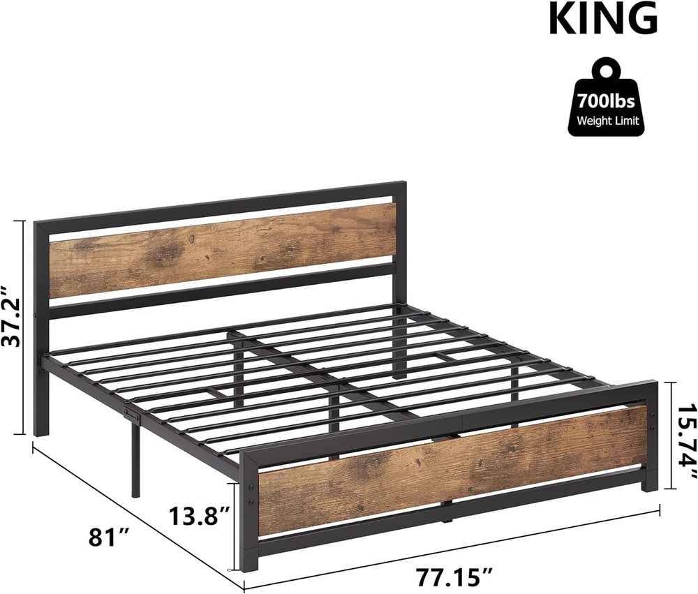 Queen/KING Bed Frame with Headboard Industrial Queen Platform Bedframe No Box
