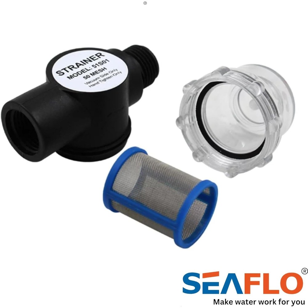 Combo: Shurflo 255-213 Inline Strainer + SEAFLO Filter + Shurflo Wingnut Adapter