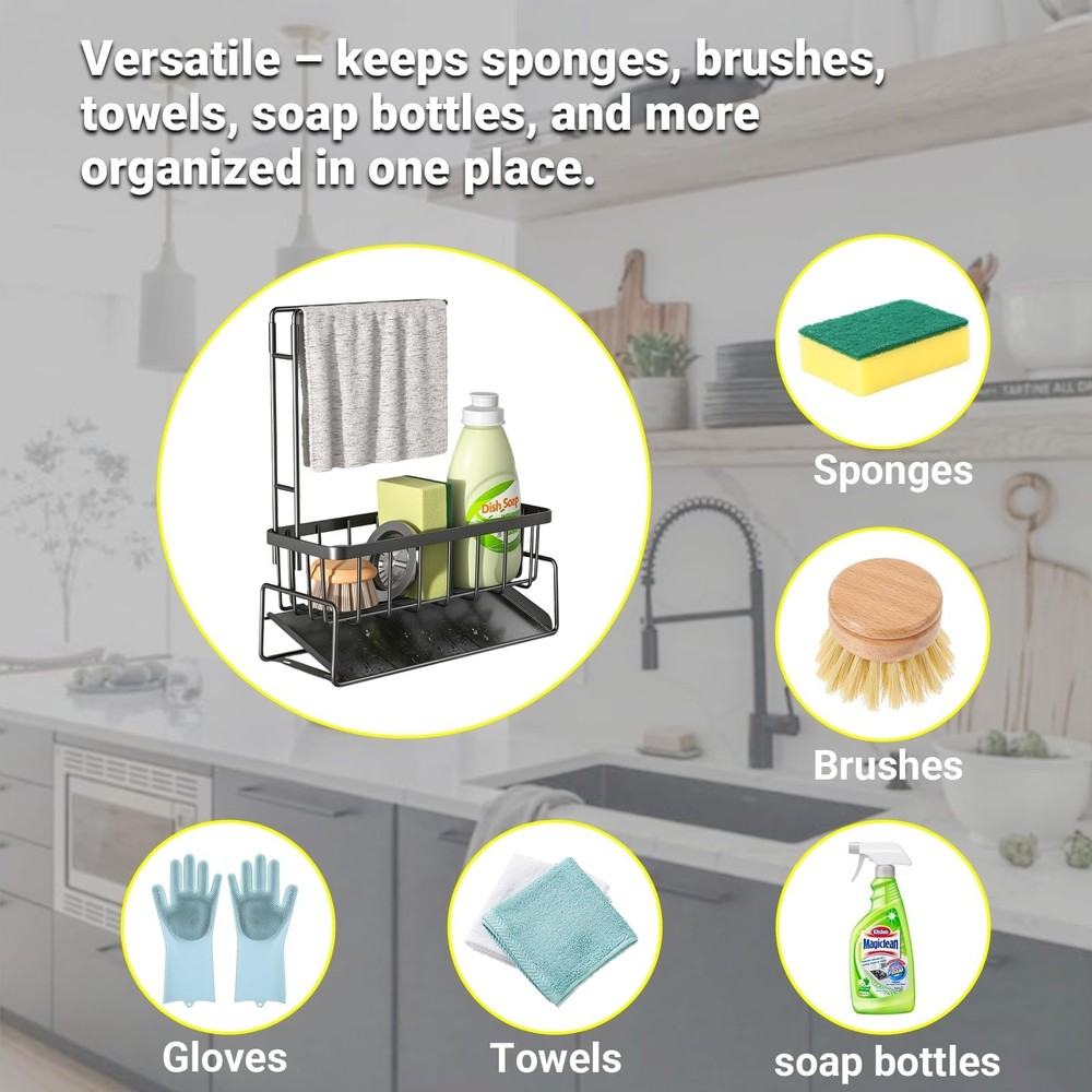 Sponge Holder for Kitchen Sink, Kitchen Sink Organizer with Towel Rack, Rustp...