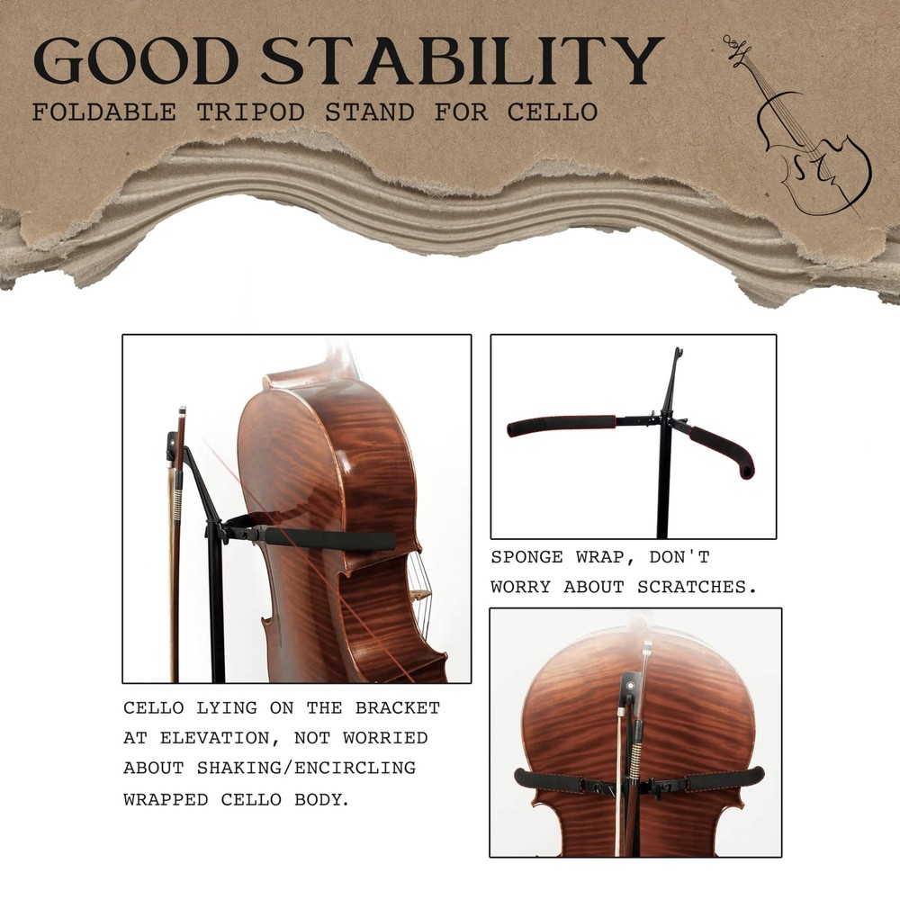 Cello Stand with Bow Hook - Adjustable, Sturdy Support for All Size Cellos - ...