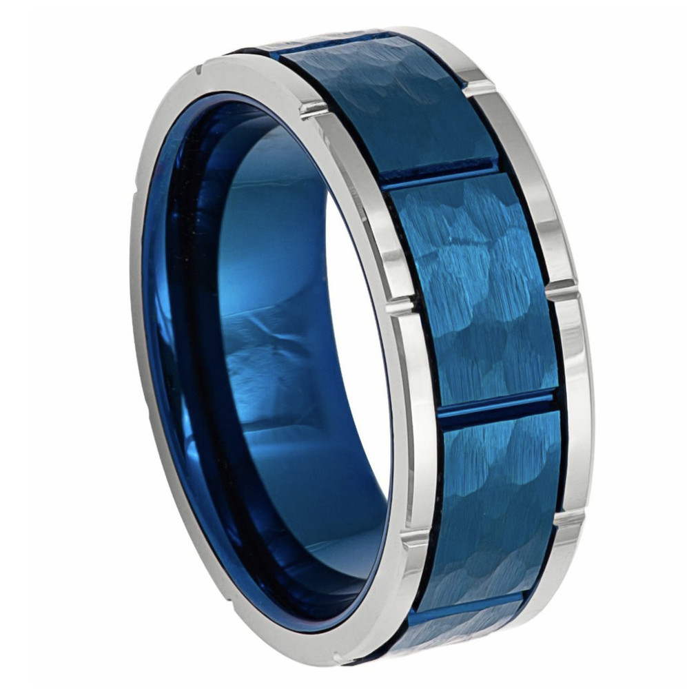 Men 8mm Blue Hammered Finish Side Notches Tungsten Carbide Wedding Band Ring