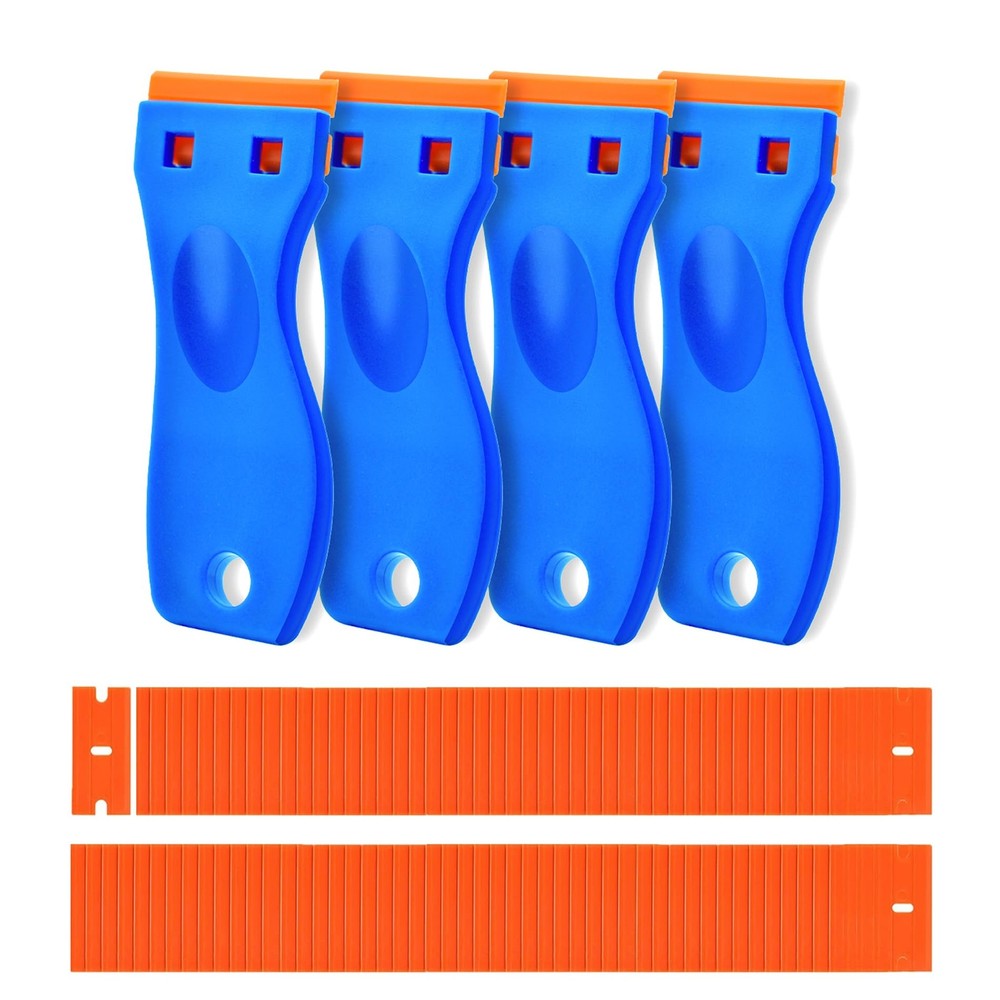 4 Pcs Plastic Razor Blade Scraper and 120 Blades, Remove Label Decal...