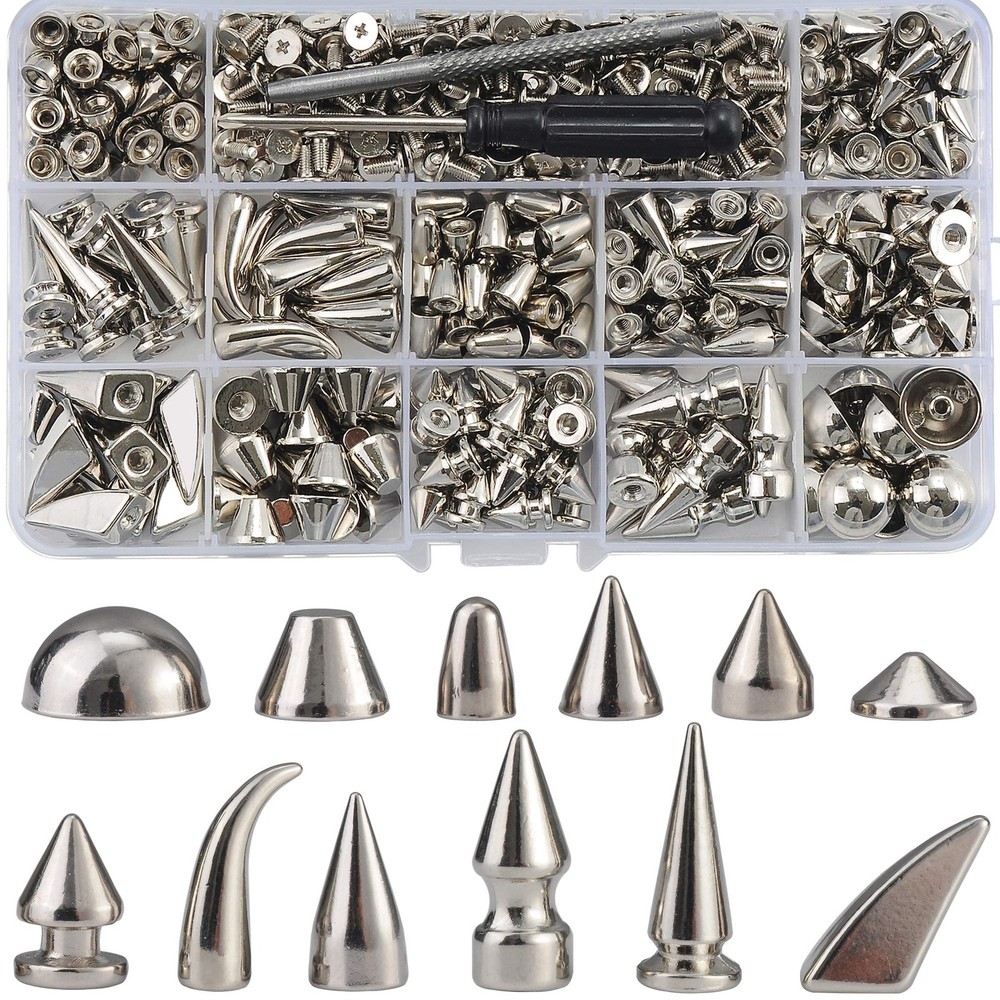 270 Sets Mixed Shape Spikes and Studs Silver Color Screw Back Bullet Cone Stu...