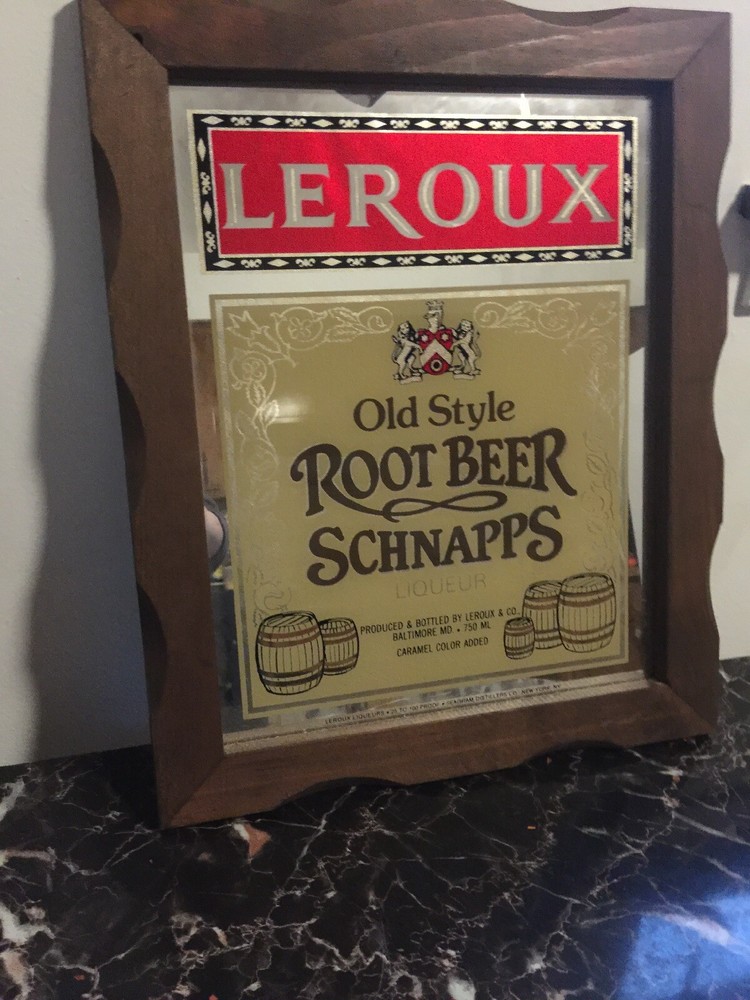 LEROUX " OLD STYLE ROOTBEER SCHNAPPS " FRAMED MIRROR - NICE !!