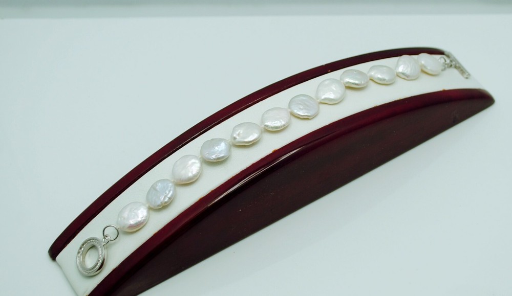 STERLING SILVER SIMULATED PEARL STONE BRACELET 7.75" #FML712
