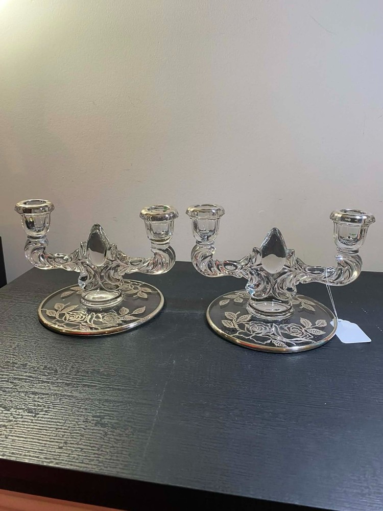 Vtg Pr Pressed Glass Double Light Candlesticks w/Sterling Silver Inlay UV React