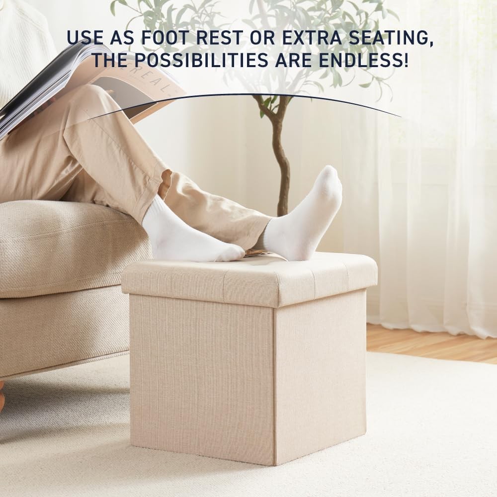 15 Inch Folding Storage Ottoman, Square Small Storage Foot Rest Stool, Bedroo...