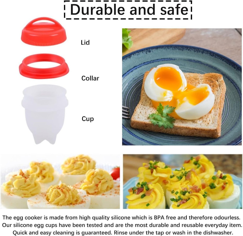 6pcs Silicone Egg Cooker Set – Non‑Stick Shell‑Less Boiling Cups, Red/White