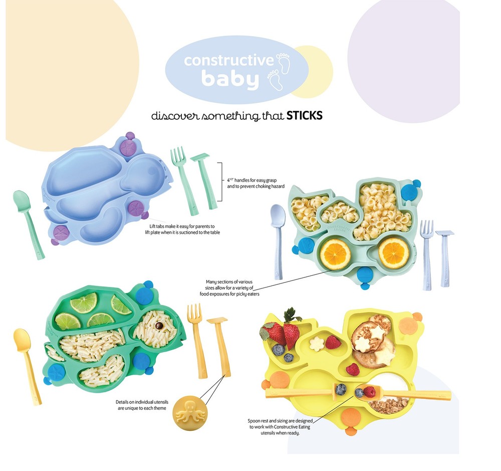 Constructive Eating UFO Theme Divided Suction Training Plate and Utensils for