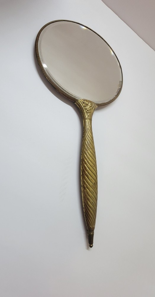 Vintage Handheld Mirror Pink with Brass Handle BEAUTIFUL
