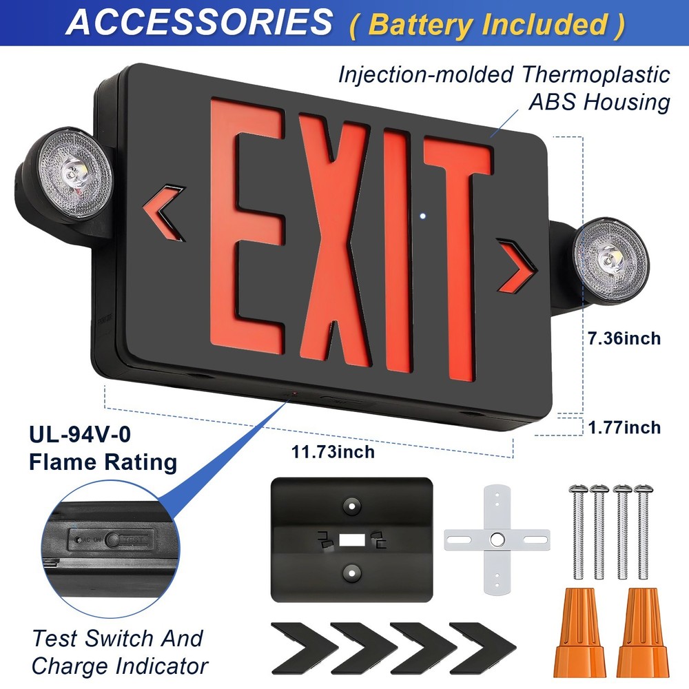 Black LED Exit Sign Light /w Emergency Light 90min Battery Backup UL 924