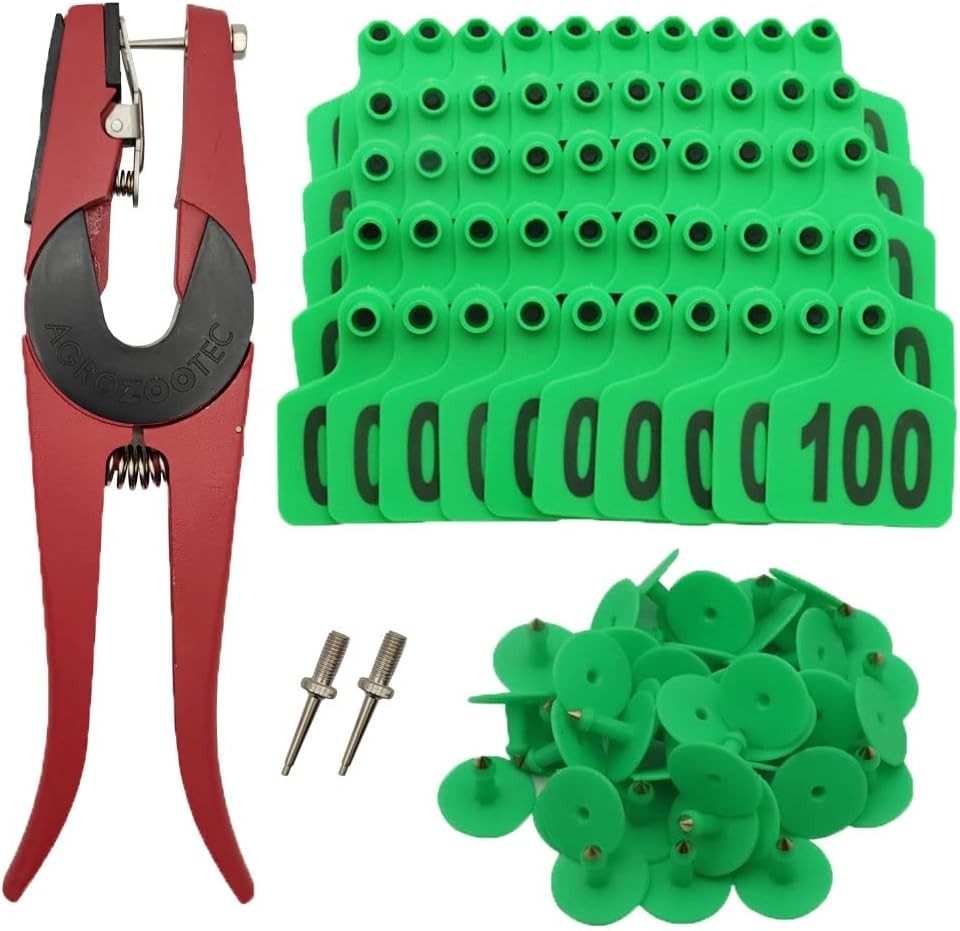Livestock Ear Tagging System - 100 Plastic Numbered Tags & Applicator for Cattle