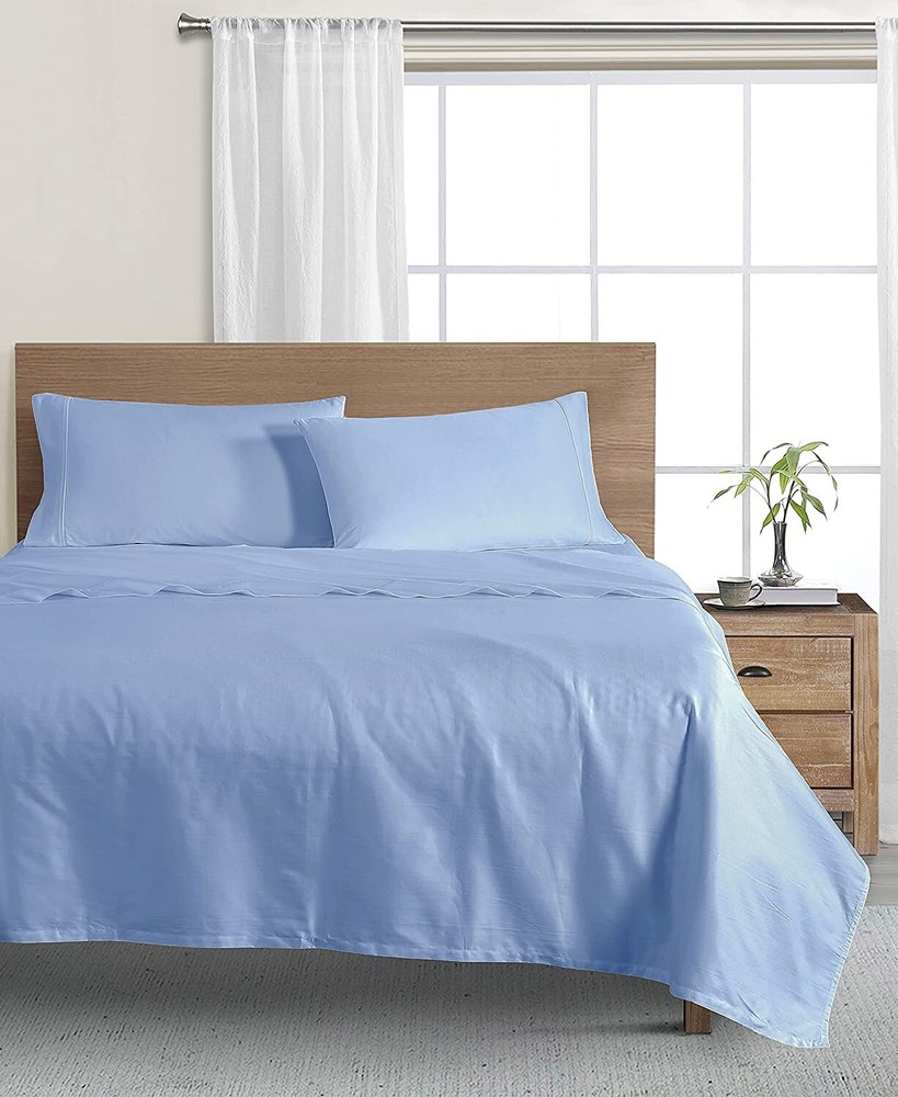 WellBeing 300-Thread-Count Oxywash 4-Piece Sheet Set, Queen, Solid, Blue