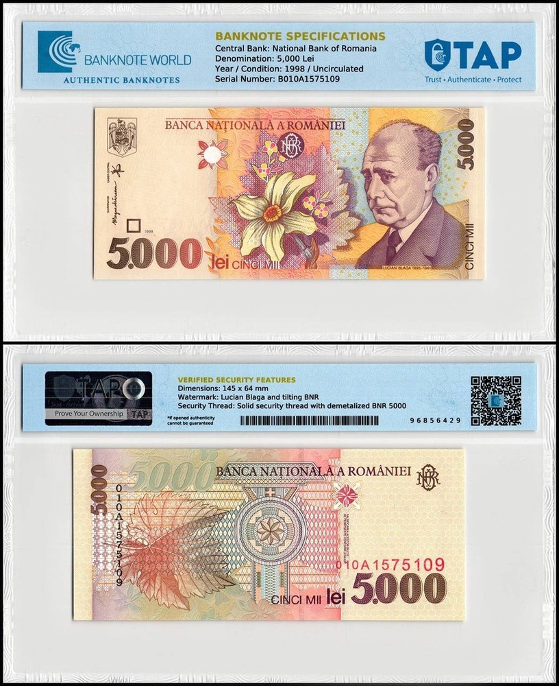 Romania 5000 Lei, 1998, P-107b, UNC Authenticated
