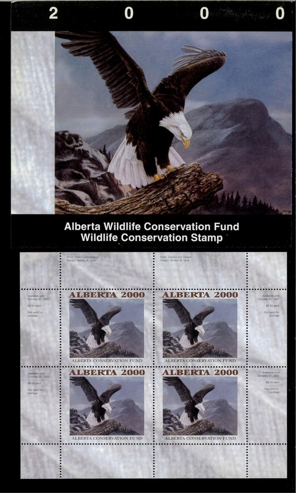 ALBERTA  #5 2000 BALD EAGLE CONSERVATION STAMP MINI SHEET OF  4 IN FOLDER NH