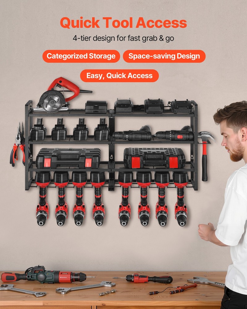 VEVOR Power Tool Organizer Wall Mount 4-Layer Tool Storage Rack 8 Drill Holders