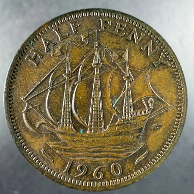1960 Great Britain Half Penny Ship Reverse Bold Design