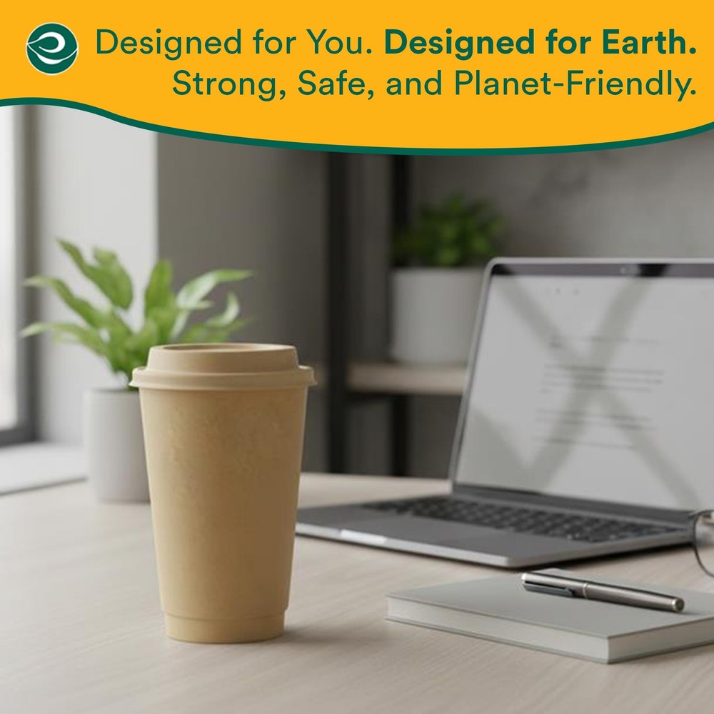 ECO SOUL 100-Pack 16 oz Disposable Compostable Coffee Cups w/ Lids Biodegradable