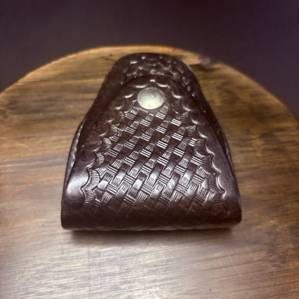 Sun Leather Handcuff Case Tooled Basketweave Leather w/ Chrome Snap