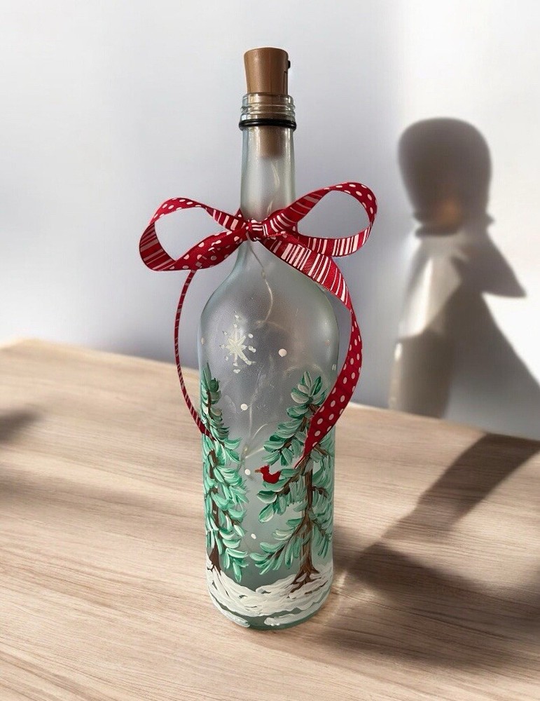 Winter Scene Handpainted On A Lighted Wine Bottle