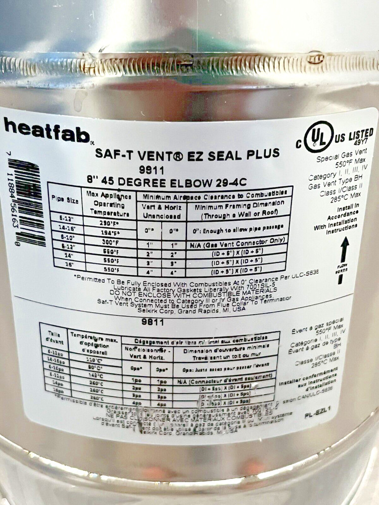 Heat-Fab 8" Saf-T Vent EZ Seal 45 Degree Elbow 29-4c 9811 Stainless Steel