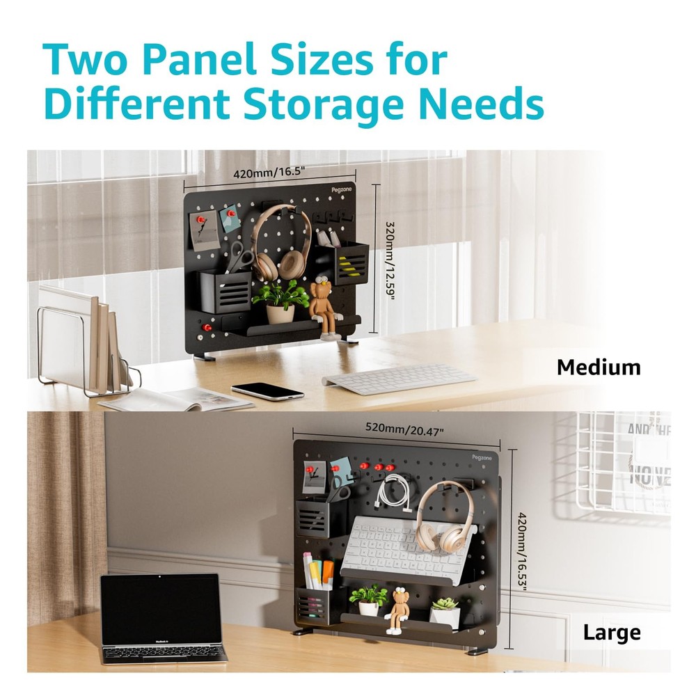 PEGZONE Clamp-on Desk Pegboard, Organizer for Office Medium, Black