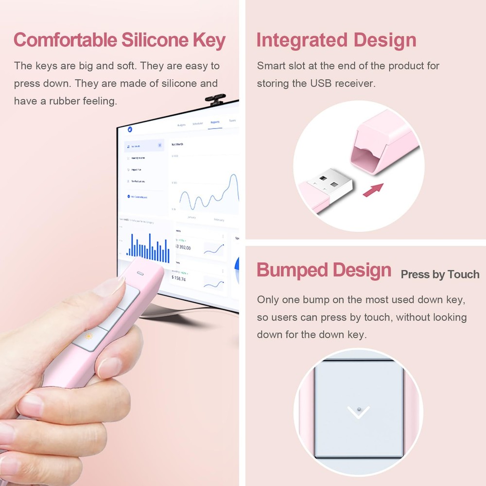 Wireless Presentation Clicker Remote with Pointer for PowerPoint - Pink