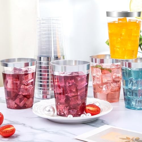 200 Pack Silver Plastic Cups 10 Oz Clear Plastic Cups Silver Rimmed B Silver