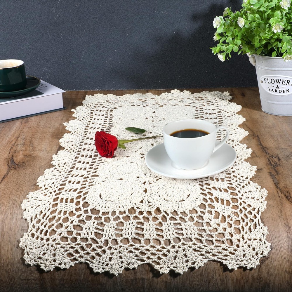 Lace Table Runner 15x28 Inch Rectangular Cotton Handmade Crochet Lace Table R...