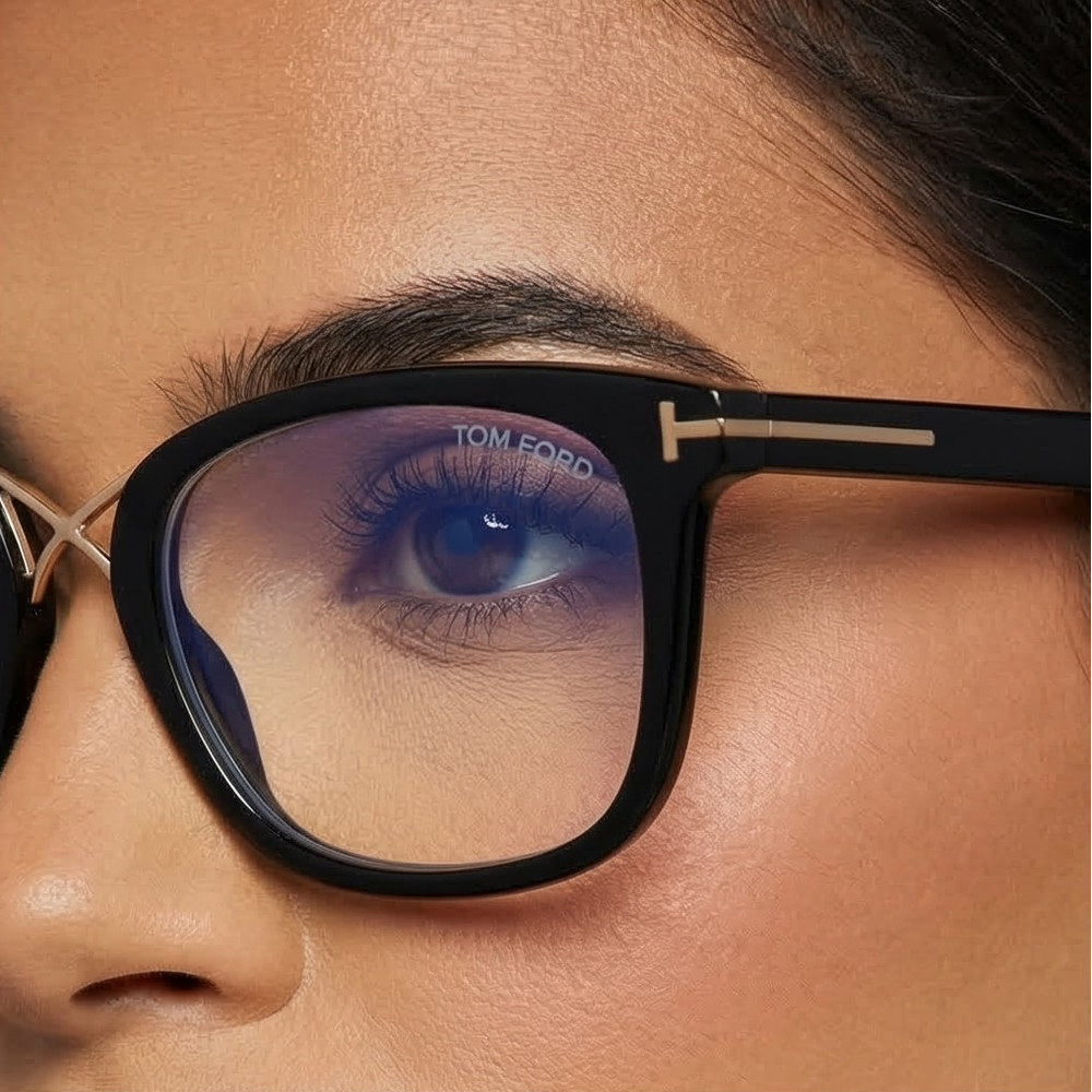Tom Ford Eyeglasses FT5637-B 001 Black Rectangular Gold Frames 52mm Blue Light