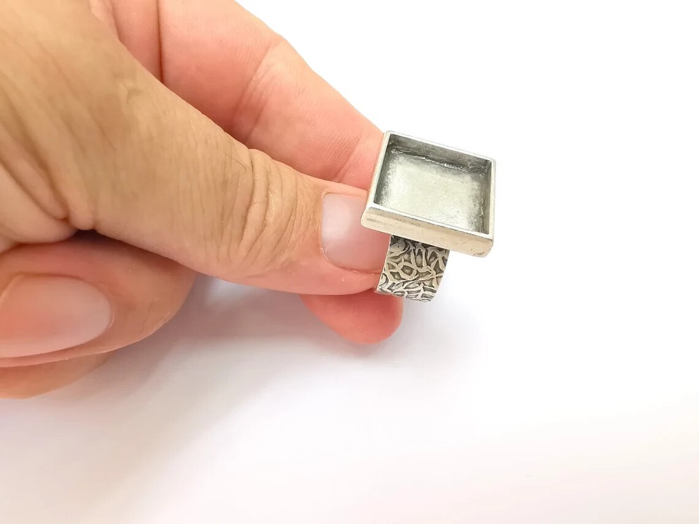 Square Antique Silver Ring Blank Settings, Cabochon Mounting Adjustable Resin