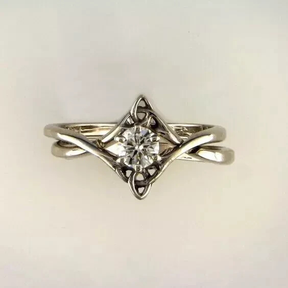 Art Deco Style Lab Created Interlocking Wedding White Gold FN Ring Set