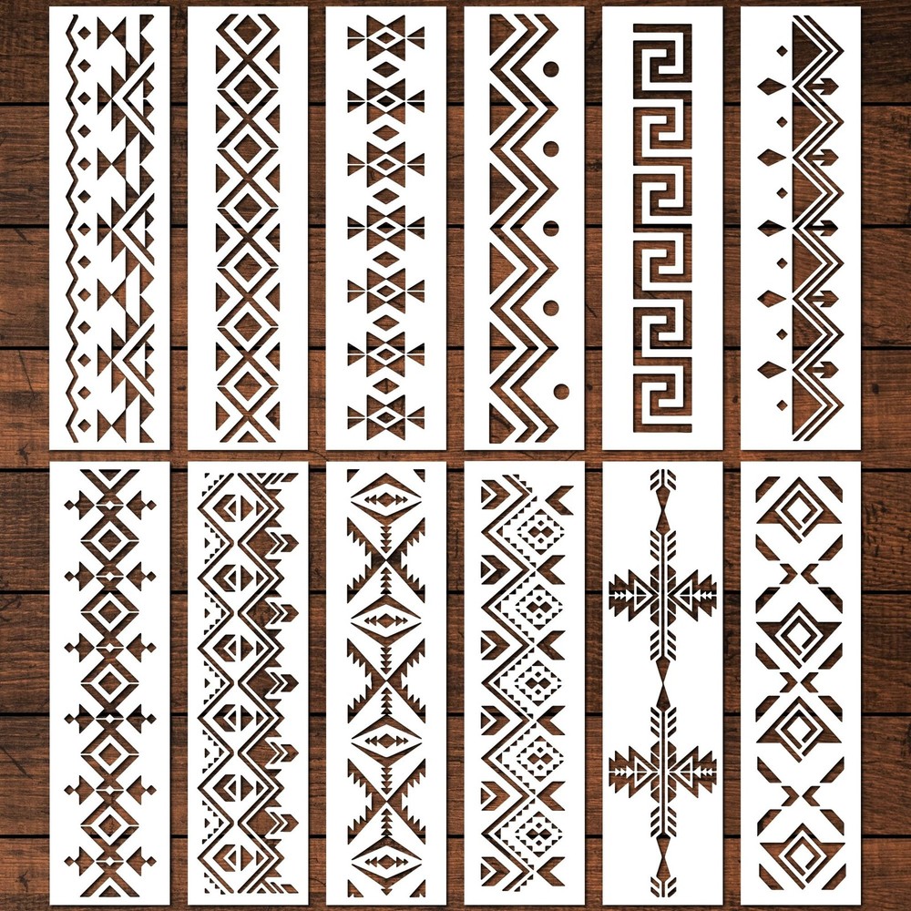 Keluna Aztec Stencils - 12 Pcs Boho Borders Pattern Stencils for DIY Wall & W...