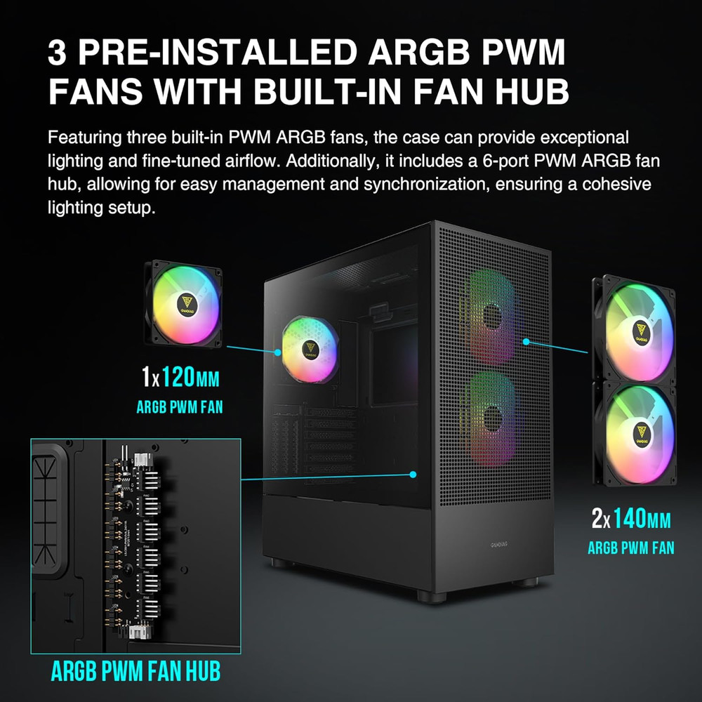 E-ATX Mid Tower Gaming Computer Case, Tempered Glass PC Case, USB Type-C, Built-