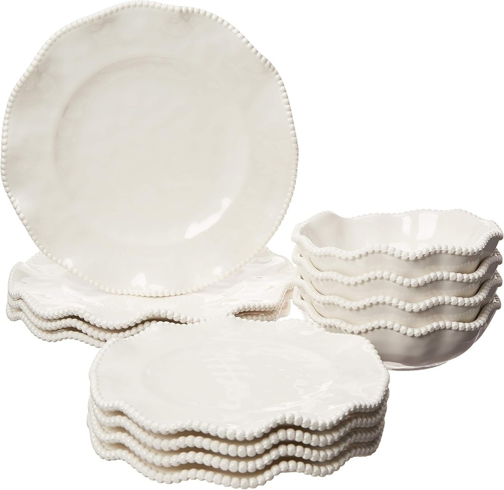 Perlette Off-White Beaded 12-Piece Dinnerware Set – Includes 4 Dinner Plates,