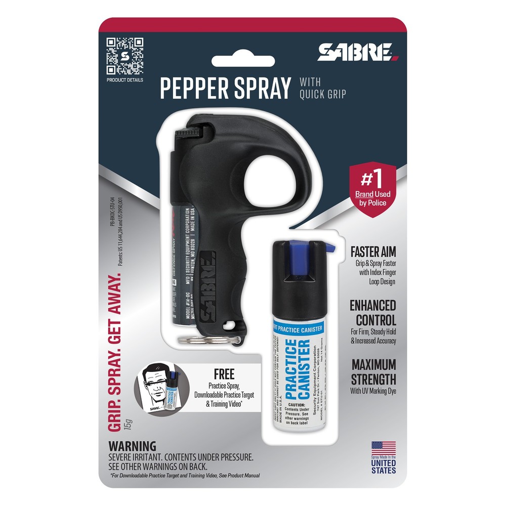 SABRE® Pepper Spray with Quick Grip with Practice Spray, Finger Loop, Keychain