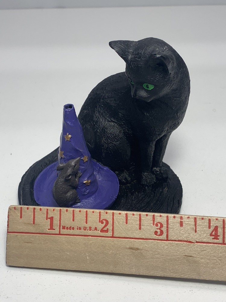 Black Cat Wizard Hat Stick Incense Holder With Mouse, Resin
