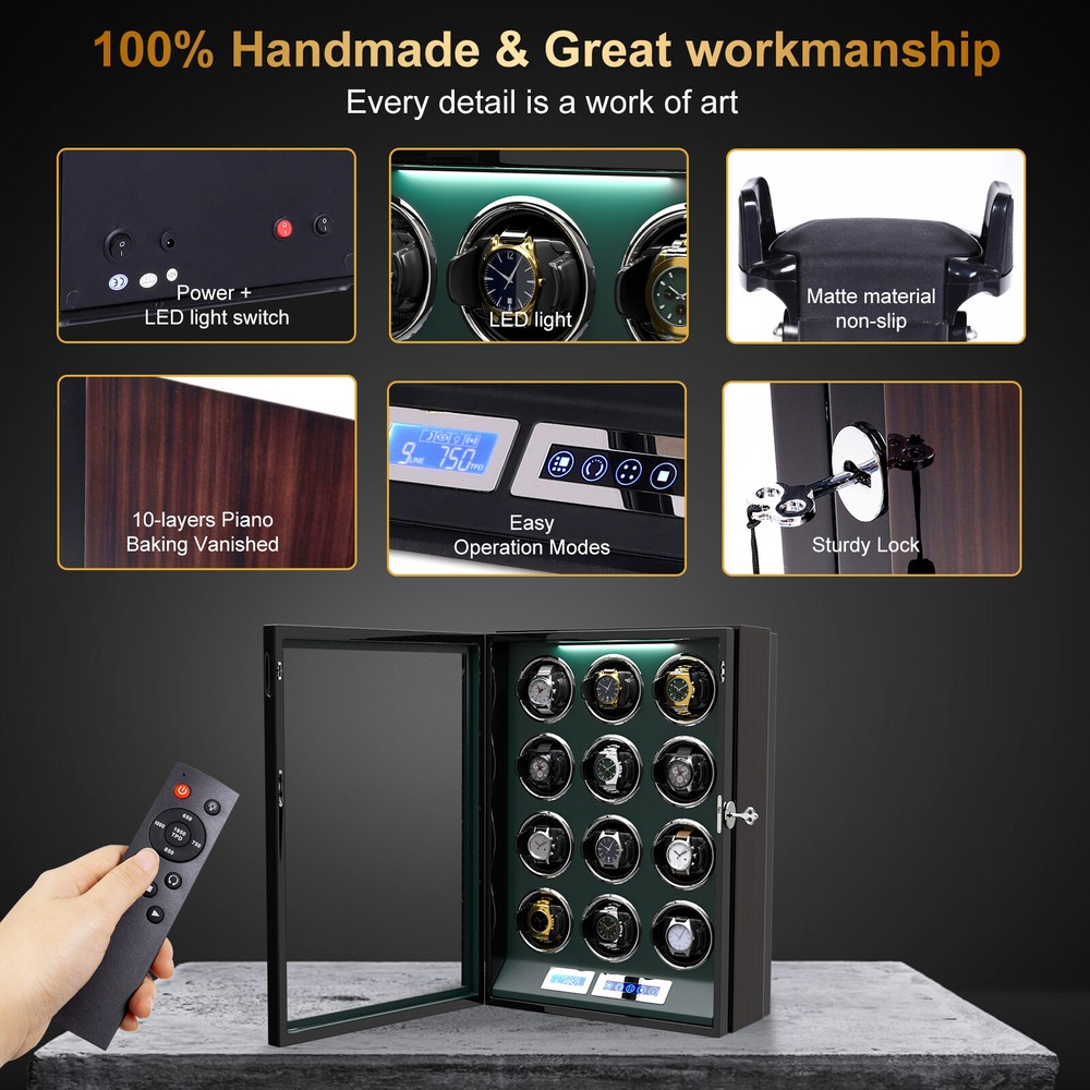 DUKWIN Automatic 12 Watch Winder Display Case Box LCD Touch Screen Display LED
