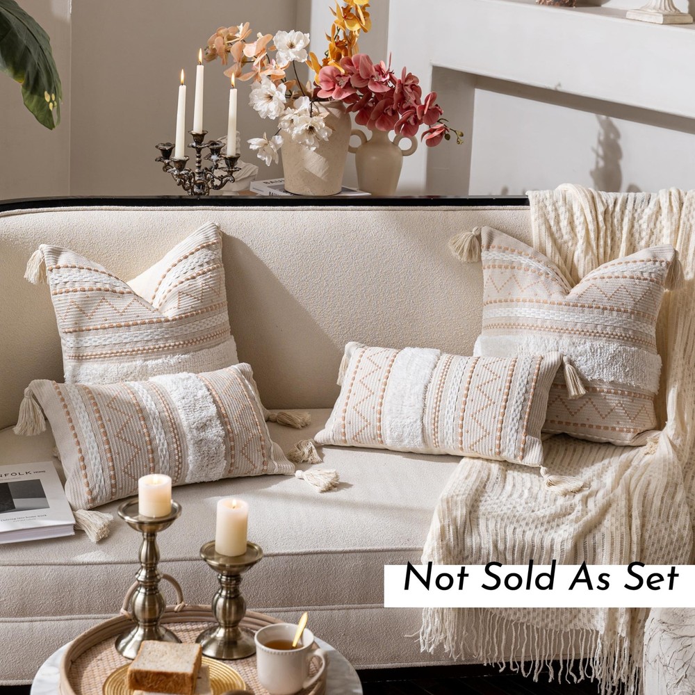 Decorative Lumbar Throw Pillow Cover 12x20 Cream Neutral White Rectangular Bo...