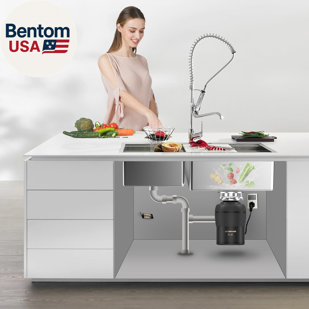 Garbage Disposal 1/2 HP Easy Install Quiet with Stopper Power Cord, Kitchen Sink