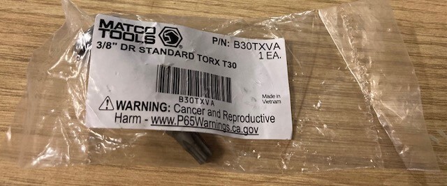 MATCO TOOLS B30TXV, 3/8" SOCKET DRIVEN, T30 TORX BIT.
