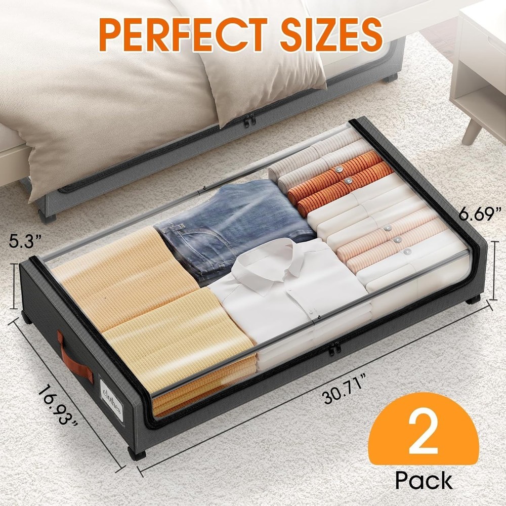 Under Bed Storage W/ Wheels 2Pack Storage Containers W/ Clear Window&Label Under