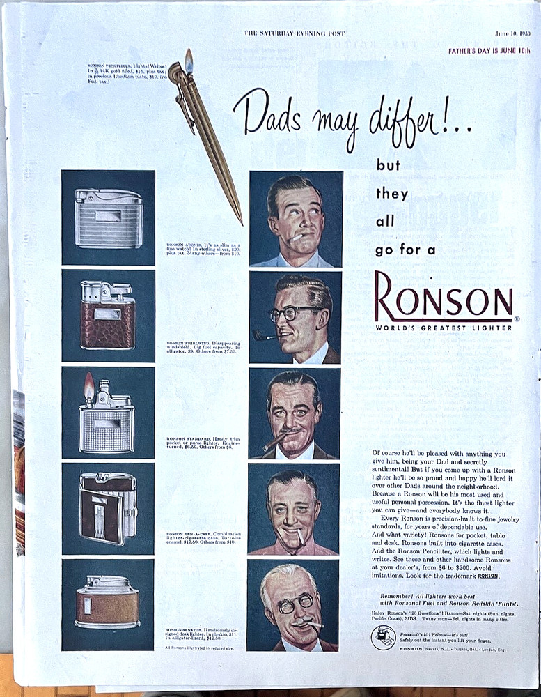 1950 magazine ad for Ronson Lighters - Dads may differs, different lighters